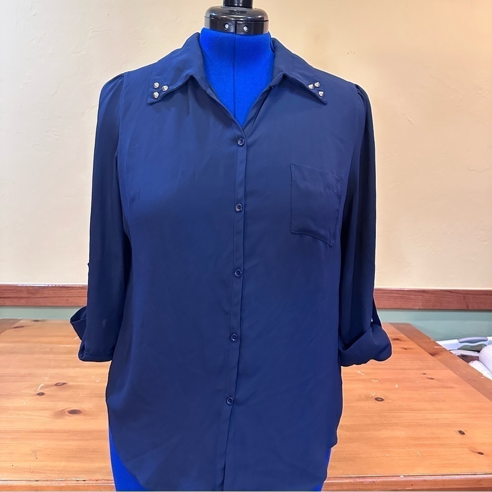 Mauve Navy Blue Blouse with Studded Collar